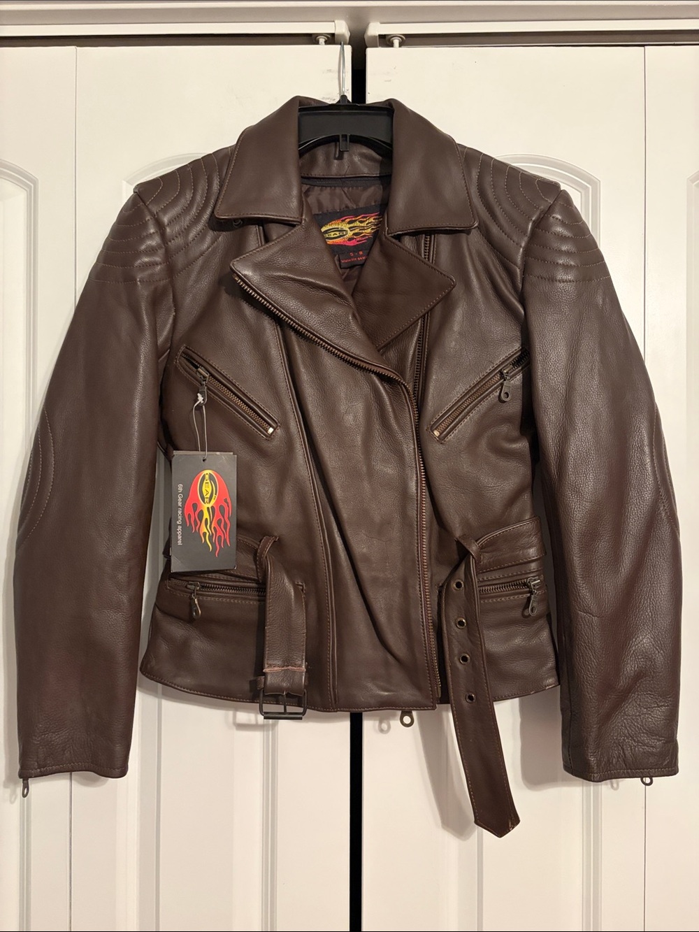Mens S(8)Dark Brown Leather Biker Jacket with Belted Waist